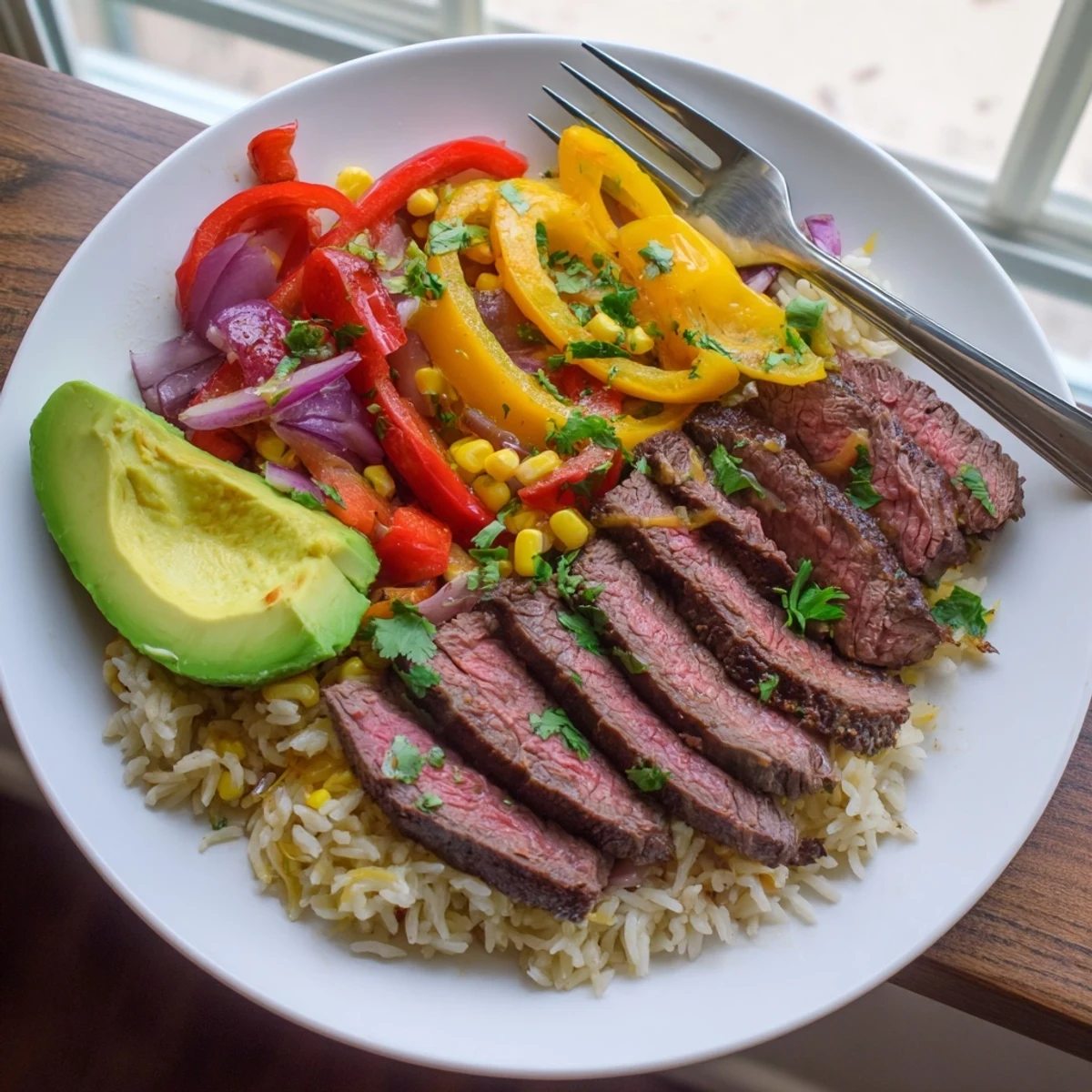 A delicious view: this BBQ Steak Fajita Bowl showcases tender steak nestled amongst vibrant, grilled vegetables.