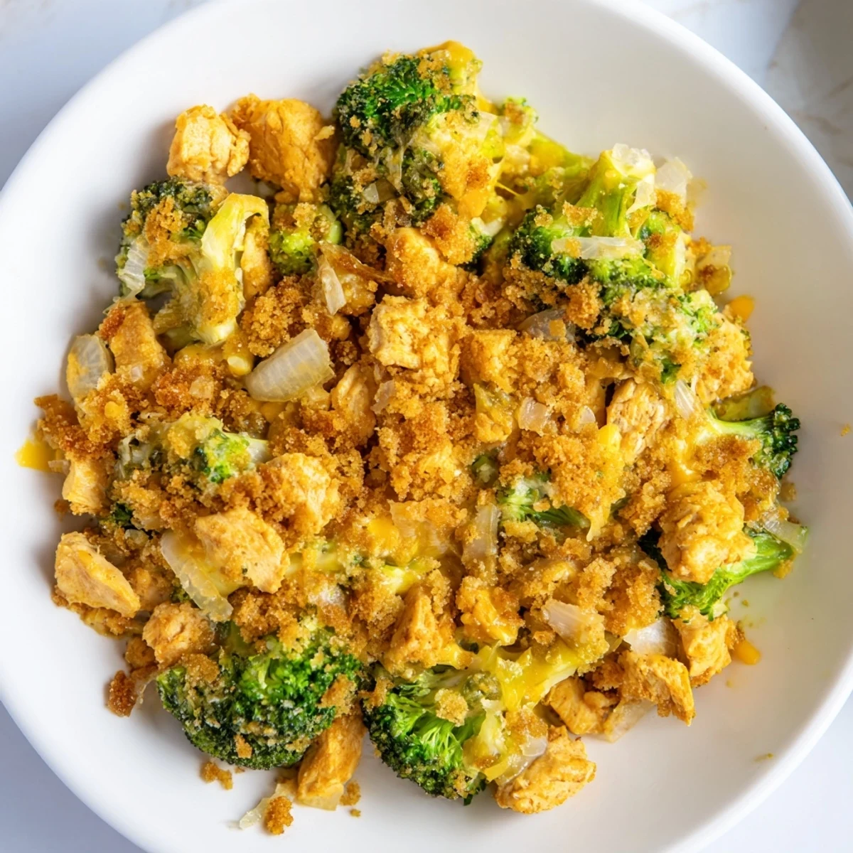 Golden, bubbly Cheddar Broccoli Chicken Bake, smelling savory, ready to be scooped onto plates.