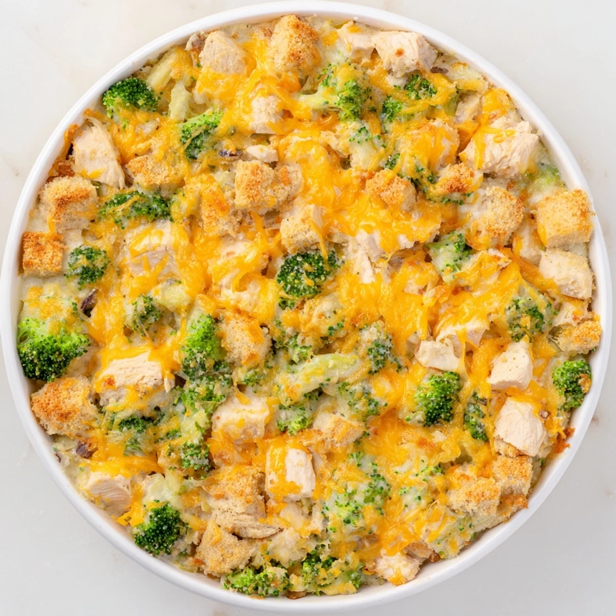 A close-up of a steaming Cheddar Broccoli Chicken Bake, offering a tantalizing combination of textures.