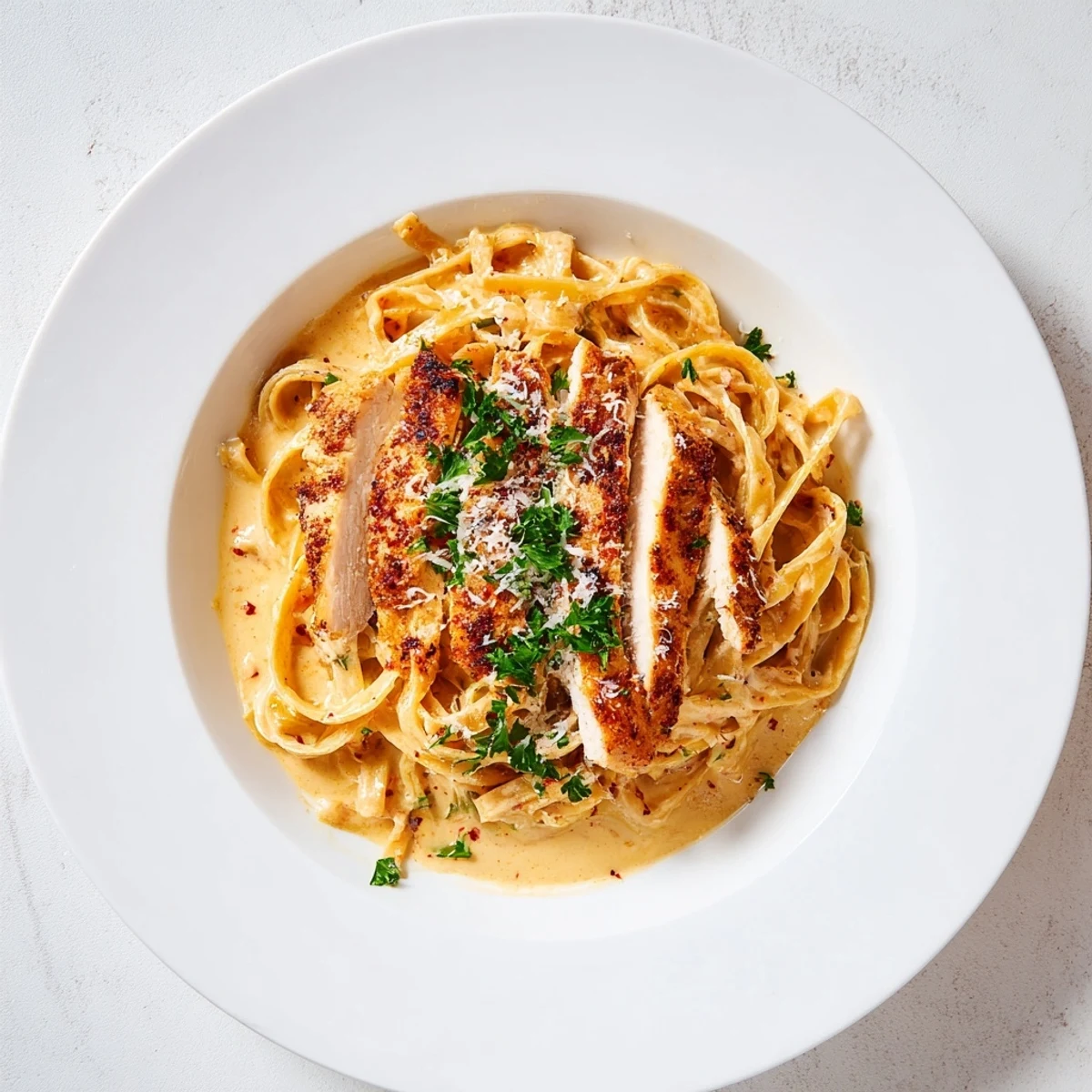 Tender slices of Spicy Cajun Chicken Alfredo over creamy fettuccine, ready to serve with parsley garnish.