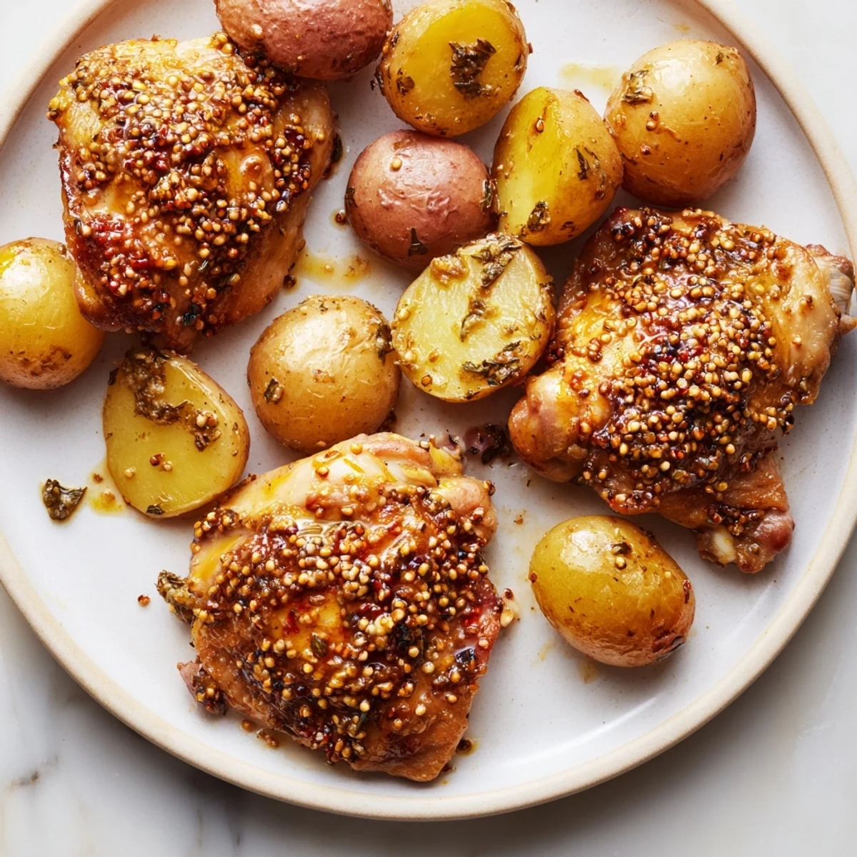 Tender chicken thighs with honey mustard glaze and roasted potatoes, a delicious American family dinner.