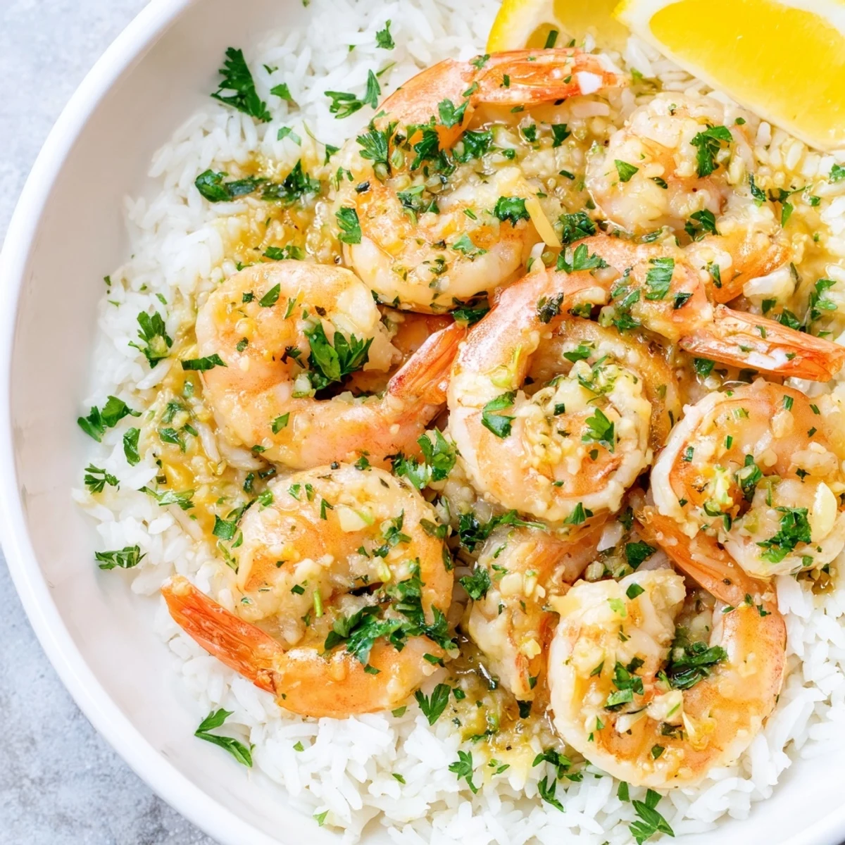 Golden garlic butter shrimp rice bowl glistens, served hot with fresh parsley and lemon wedges.