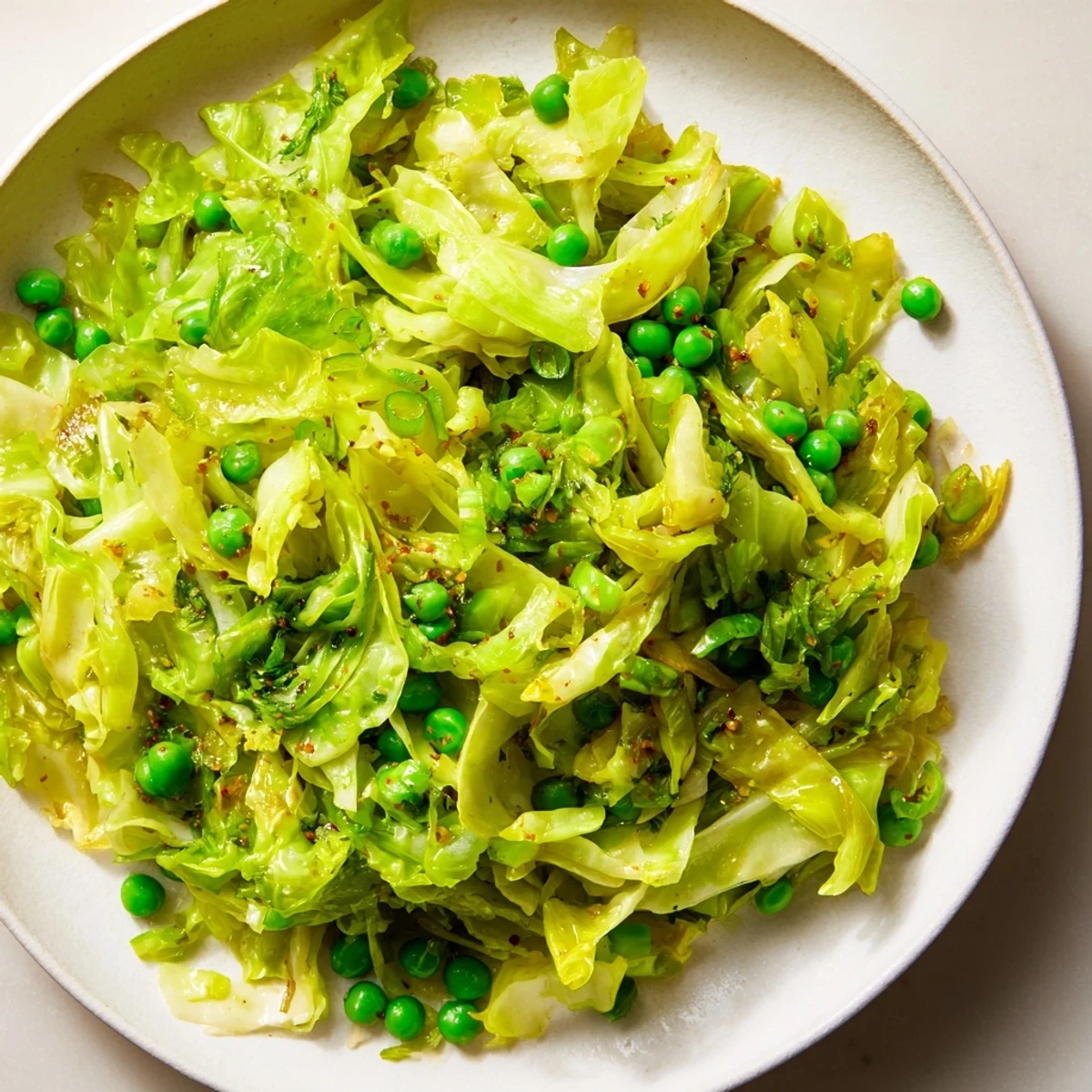 Steaming Cabbage Stir-Fry with Garlic, Soy, and Peas, a delicious and quick Asian-inspired vegetarian meal.