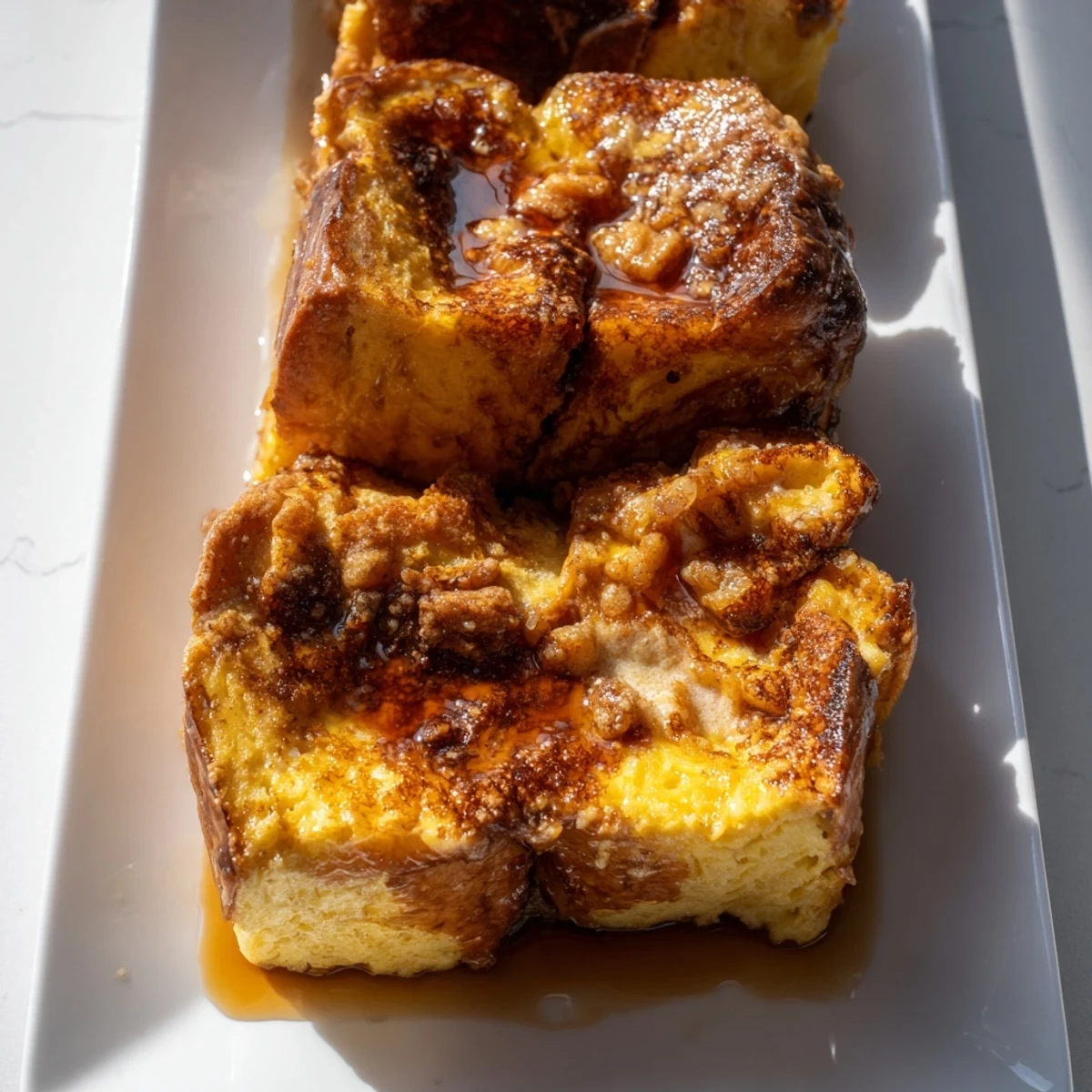 This delicious French Toast Bake picture features warm, custardy bread topped with a cinnamon glaze.
