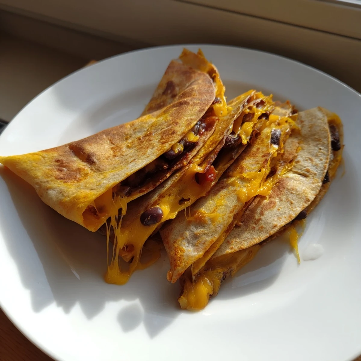 A warm, melty Bean & Cheese Quesadilla served with salsa; a quick and delicious Mexican meal.