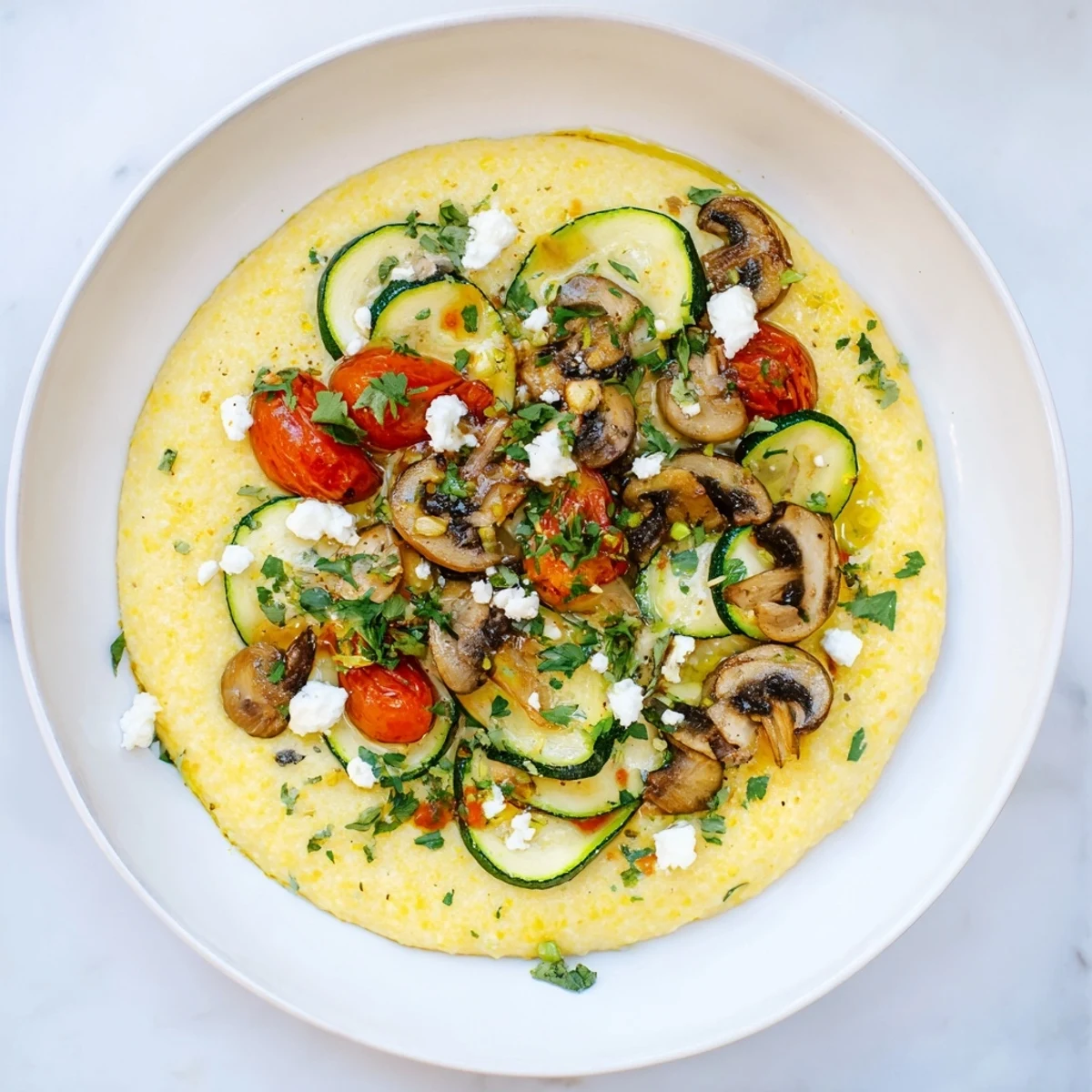 Steaming bowl of Cornmeal Mush Polenta Bowls, topped with roasted vegetables and creamy feta cheese.