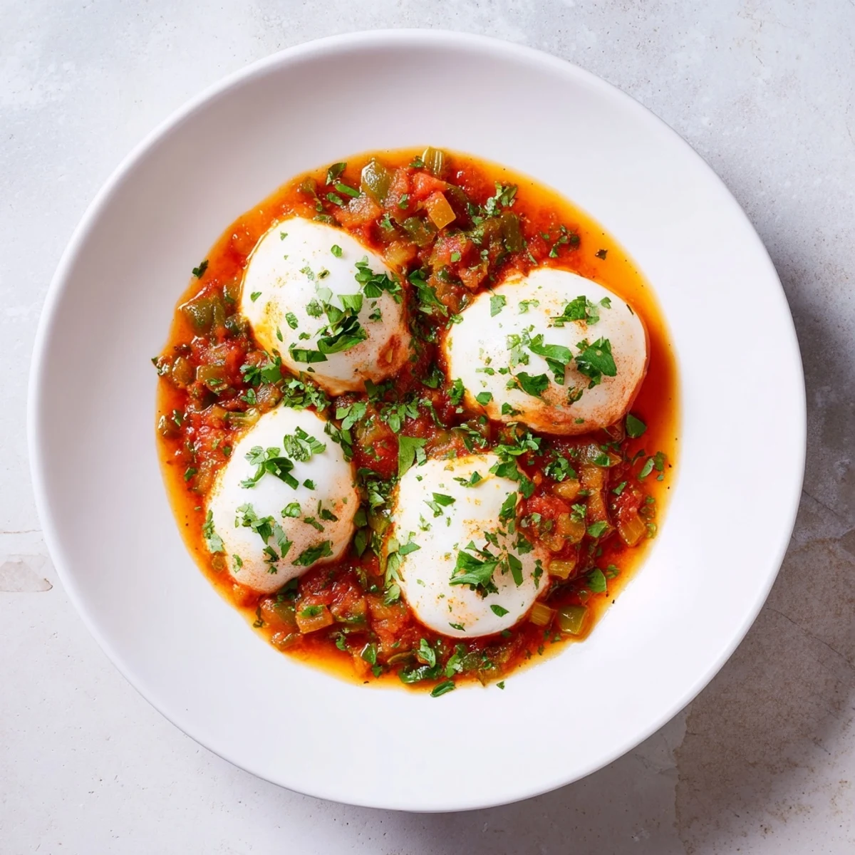 Vibrant Shakshuka: a skillet of rich tomato sauce bubbling with flawlessly cooked eggs, ready to eat.
