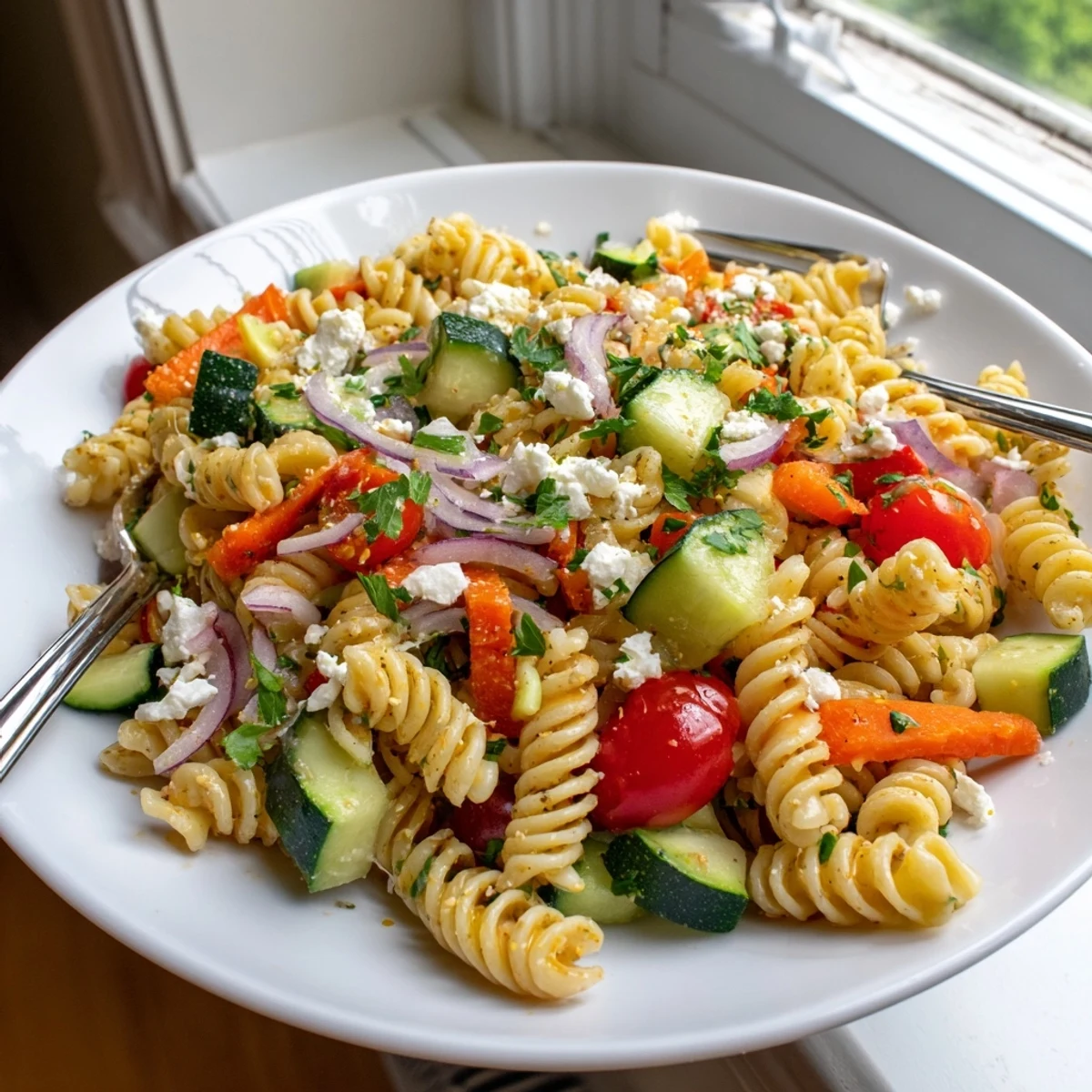 A colorful pasta salad with seasonal veggies, tossed in a bright, zesty dressing.