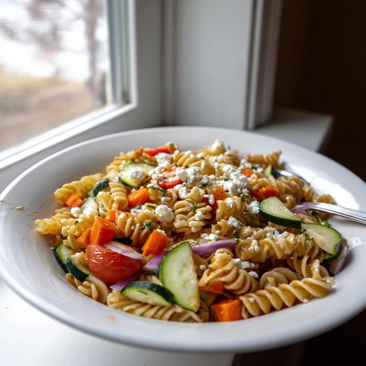 Enjoy a refreshing, chilled Pasta Salad with seasonal veggies; perfect for warm days.