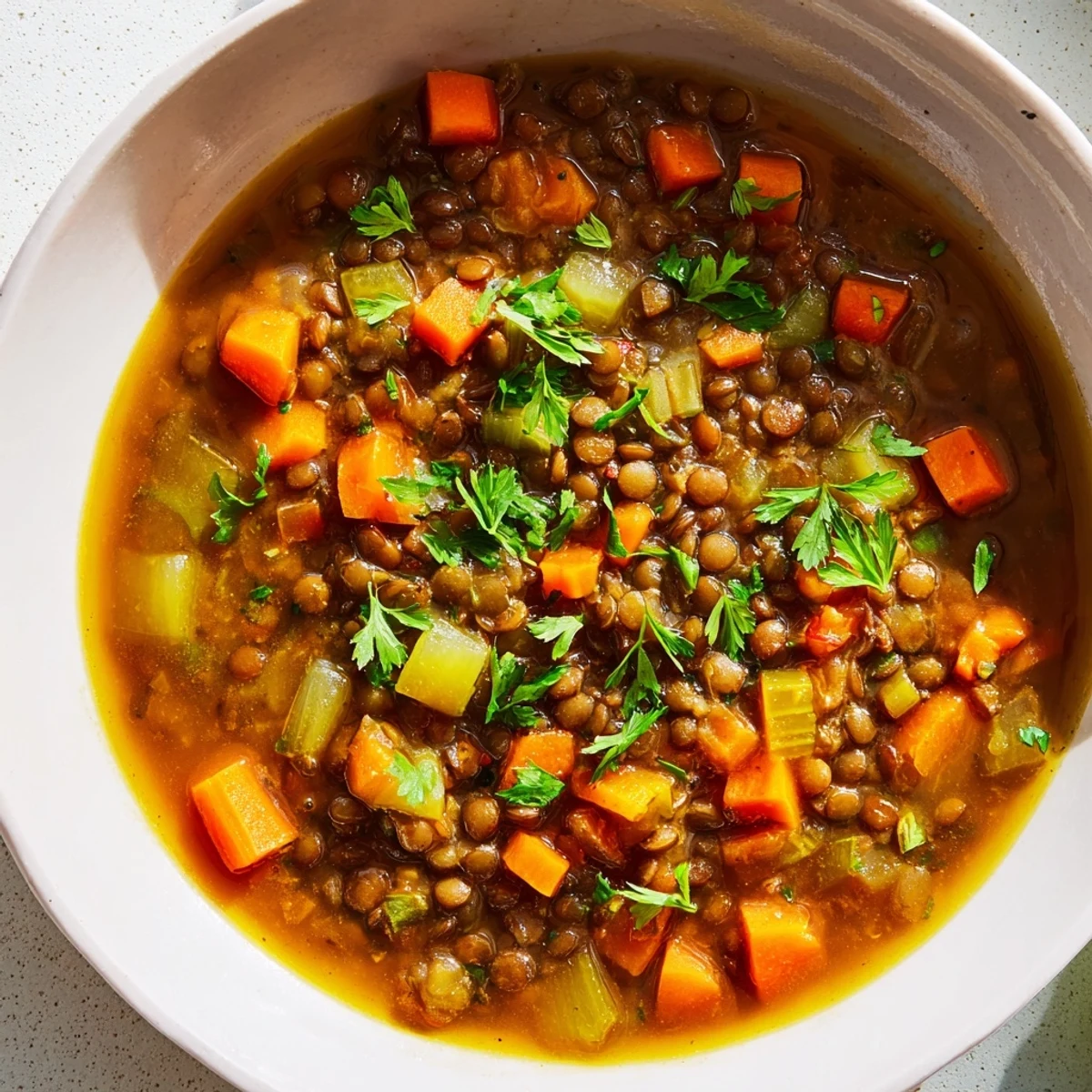 Warm, flavorful Lentil Soup, featuring tender carrots and celery, perfect for a cozy supper.