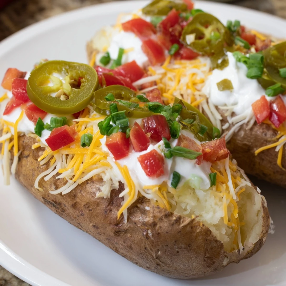 Visualize a hearty baked potato bar with a colorful array of delicious topping options.