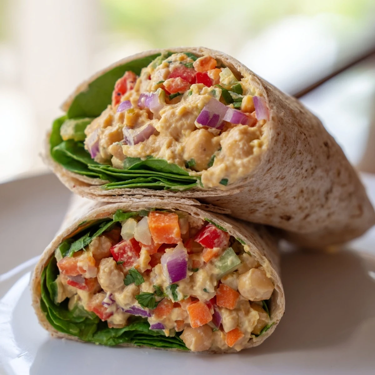 Close-up of a delicious chickpea salad wrap, filled with colorful vegetables, ready to eat.