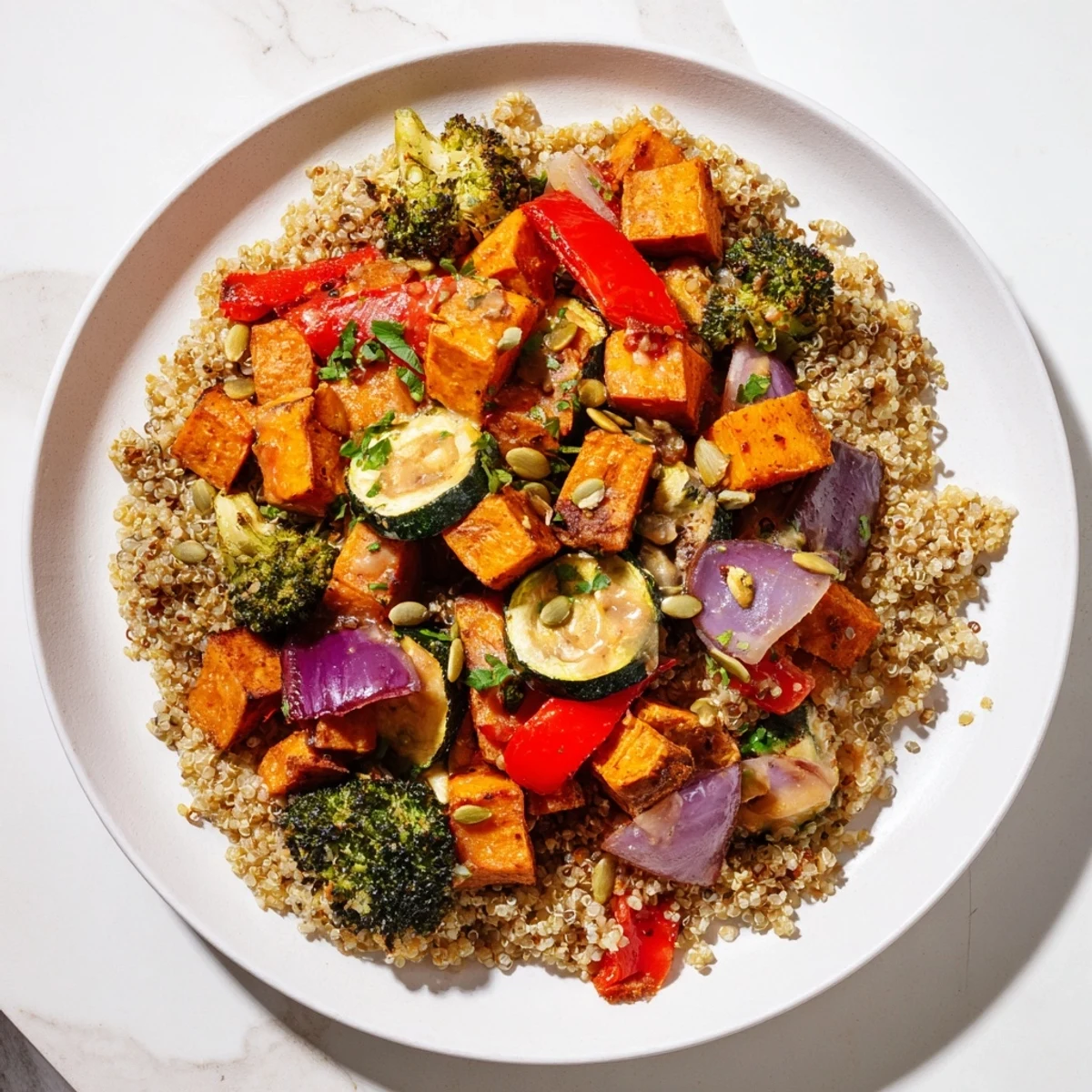 A colorful quinoa bowl with roasted veggies, drizzled with zesty dressing, ready to eat.