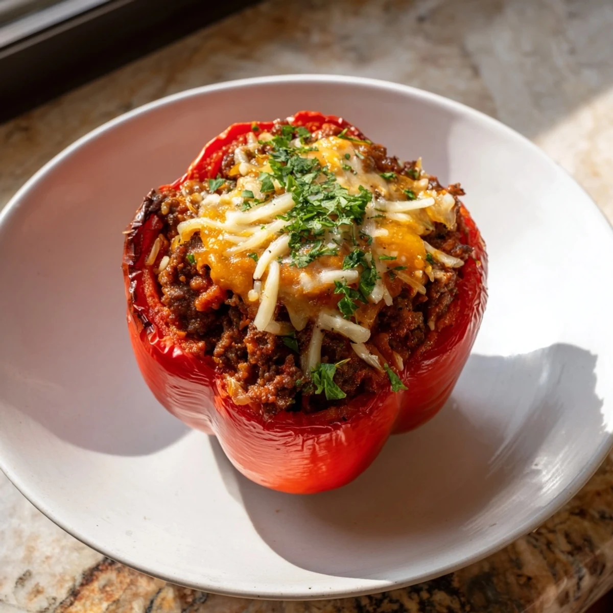 Steaming Sloppy Joe Stuffed Peppers, topped with melted cheese, look delicious and smell savory.