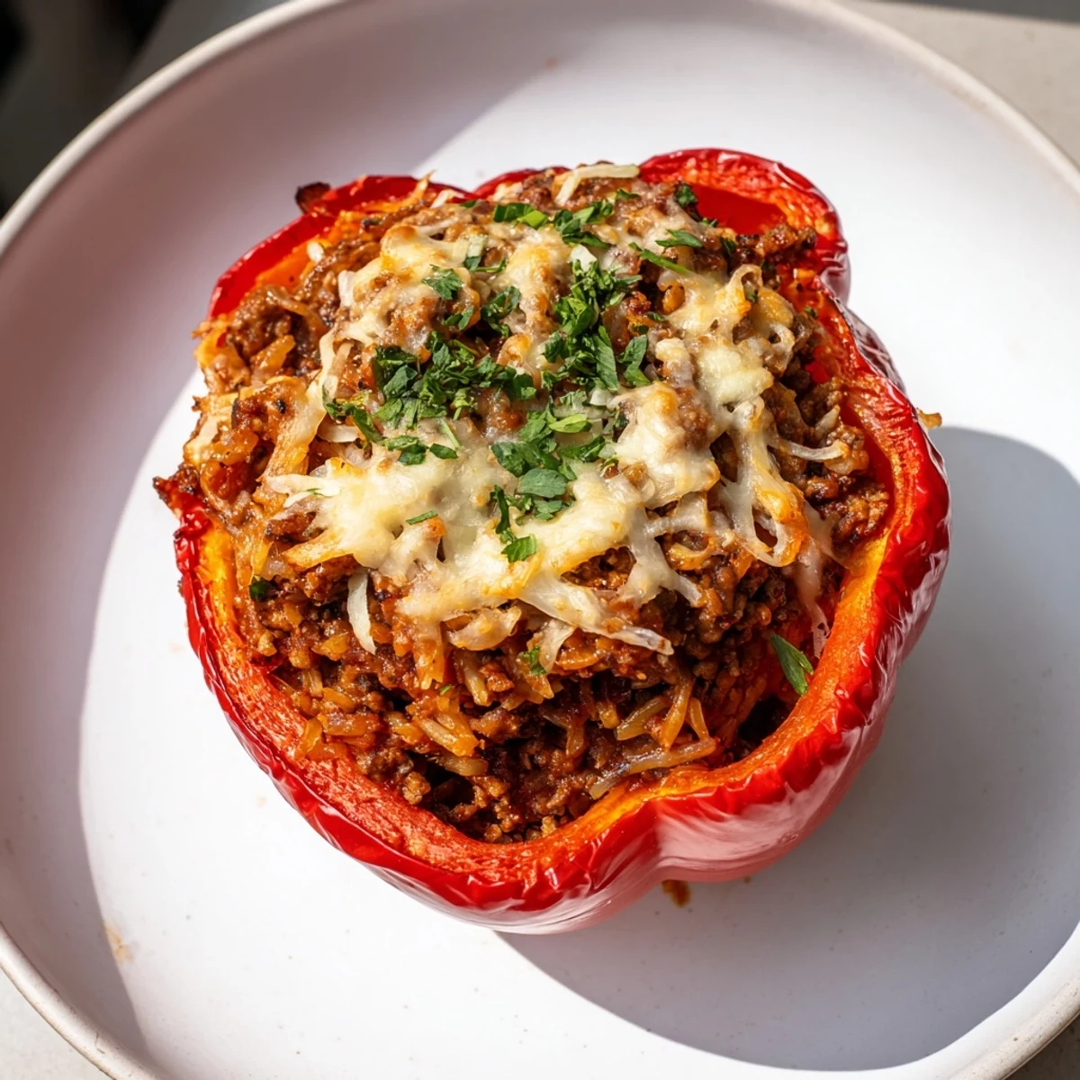 A close-up of baked Sloppy Joe Stuffed Peppers overflowing with a flavorful ground beef filling.