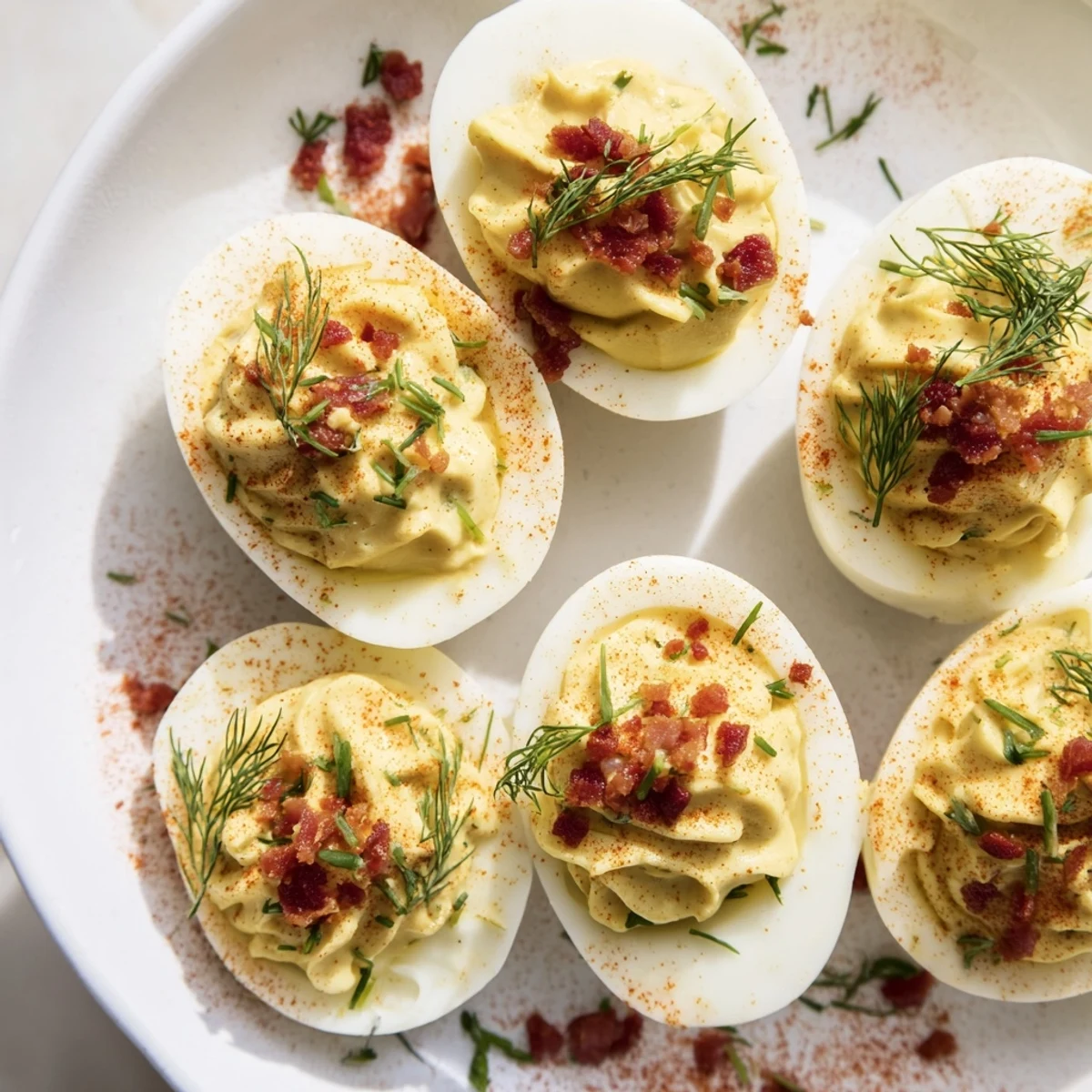 Loaded deviled eggs, a classic appetizer, beautifully arranged with smoked paprika and chives.