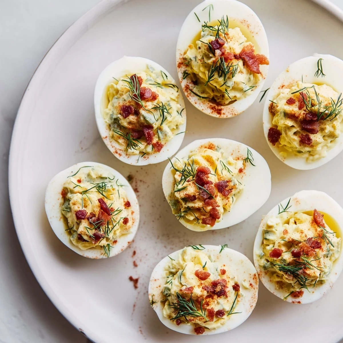 Perfect party food: Close-up of flavorful Loaded Deviled Eggs with bacon and a dusting of paprika.