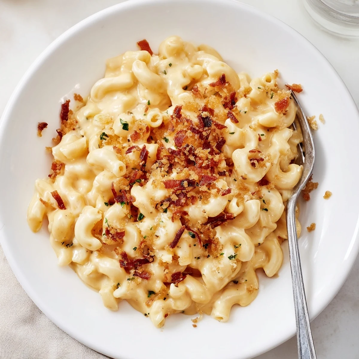 Golden, bubbly sheet pan mac and cheese, topped with crispy bacon crumble, ready to serve.