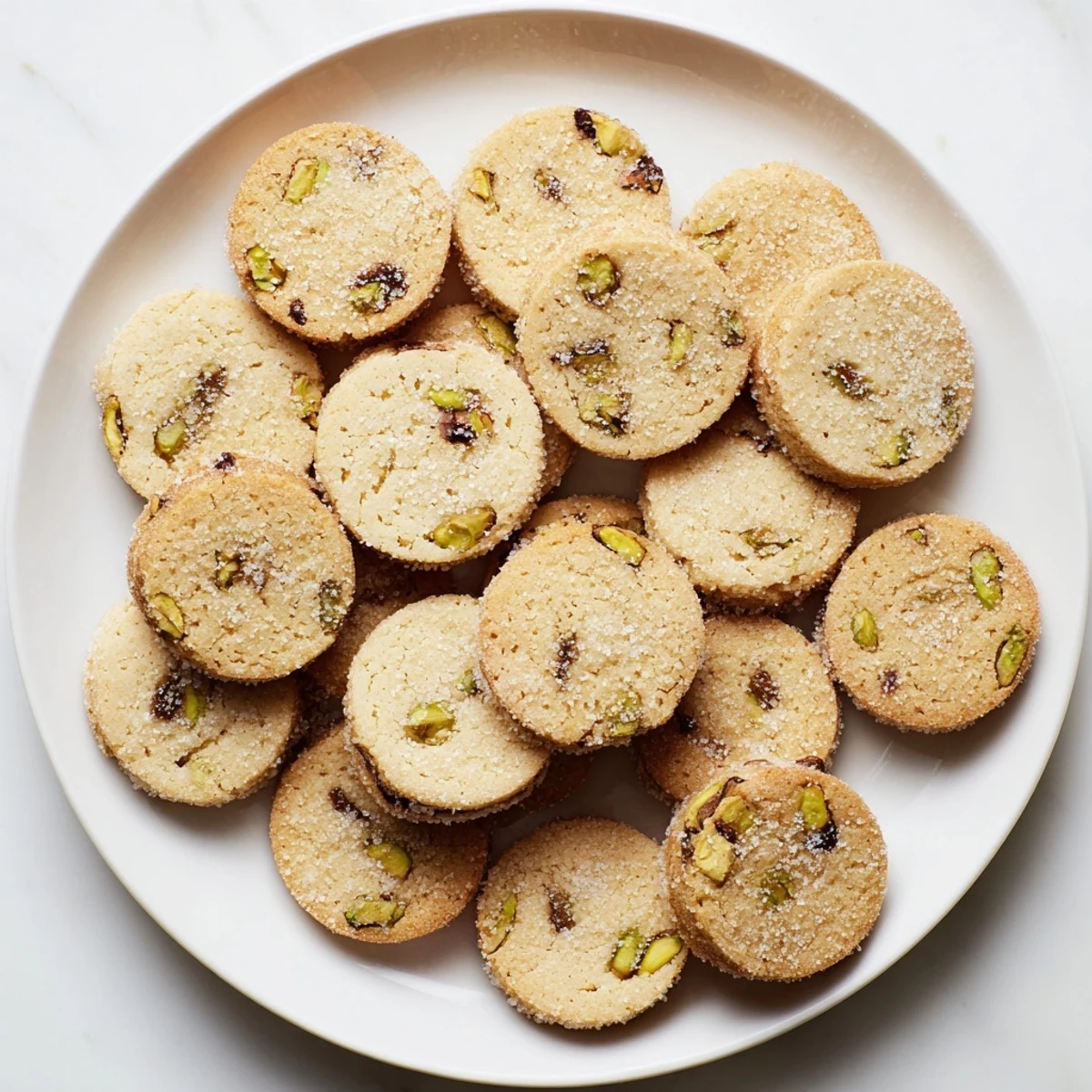 Golden, flaky Salted Pistachio Chocolate Chunk Shortbread cookies with visible dark chocolate and pistachios, ready to eat.