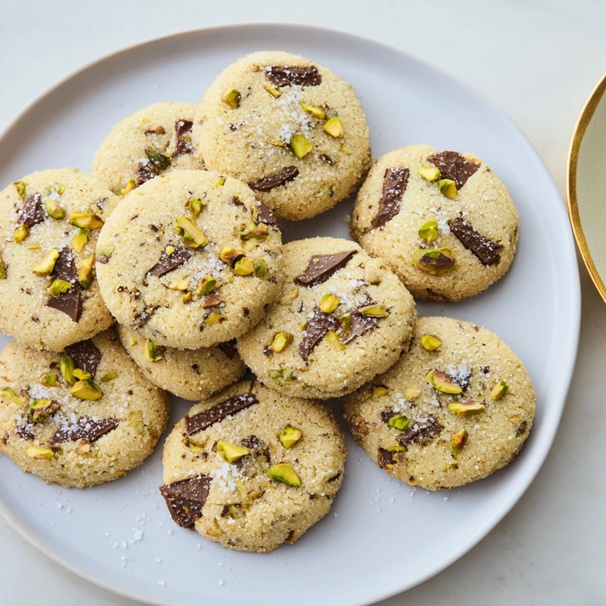 Freshly baked and cooling, these Salted Pistachio Chocolate Chunk Shortbread cookies are a perfect treat.