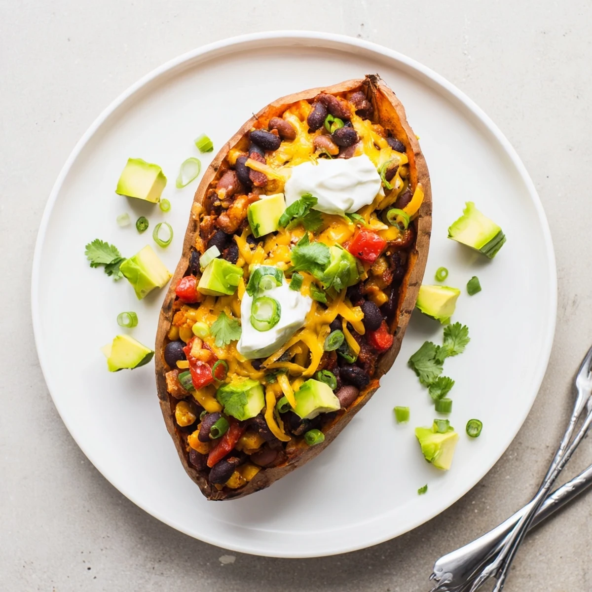 Savory Baked Sweet Potato Chili Boats overflowing with rich chili and fresh cilantro, ready to eat.