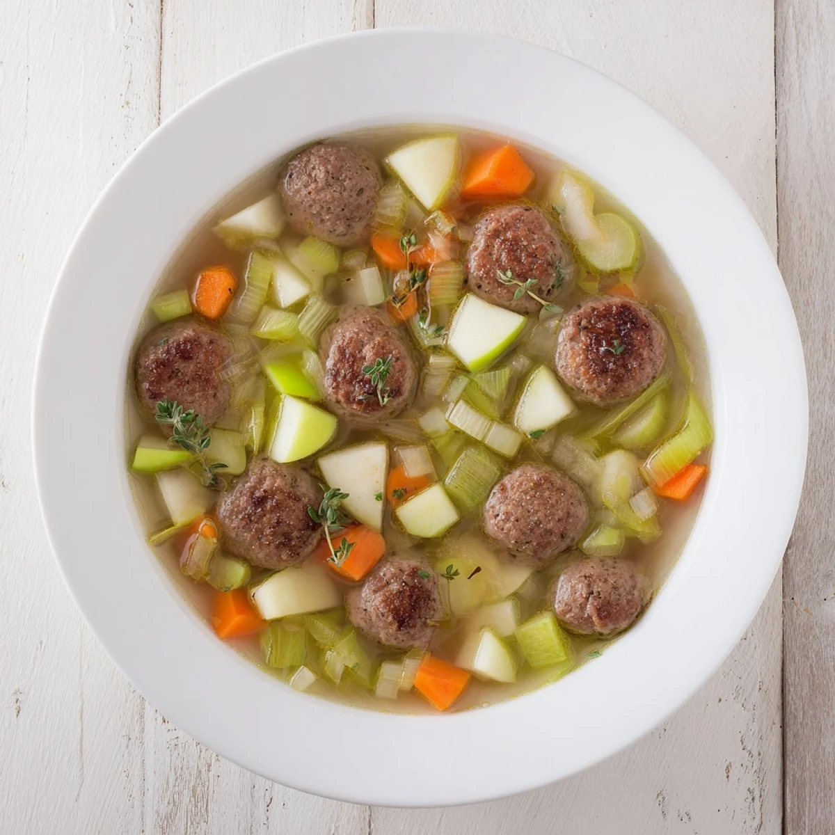 Close-up of a steaming bowl of Stovetop Sausage, Celery, and Apple Hotpot, garnished with fresh parsley.