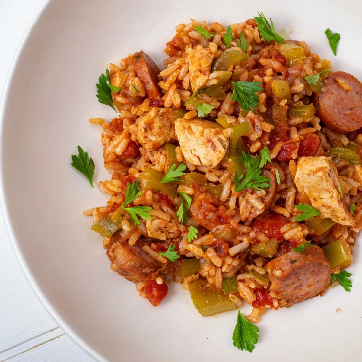 A steaming bowl of Simple Chicken and Sausage Jambalaya Bake, a perfect comfort food with vibrant colors.