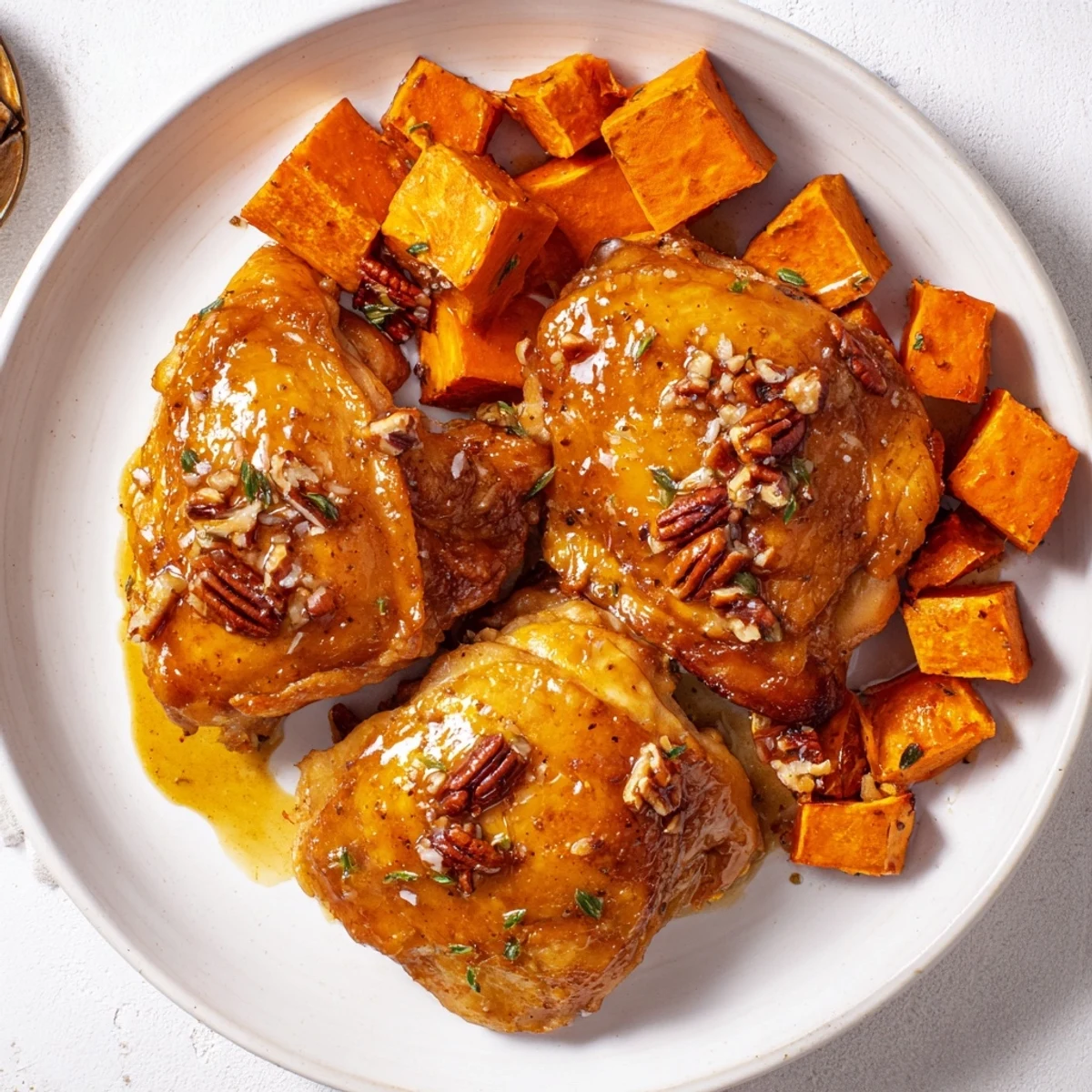 Close-up of succulent maple glazed chicken thighs with perfectly caramelized roasted sweet potatoes, a fall favorite.