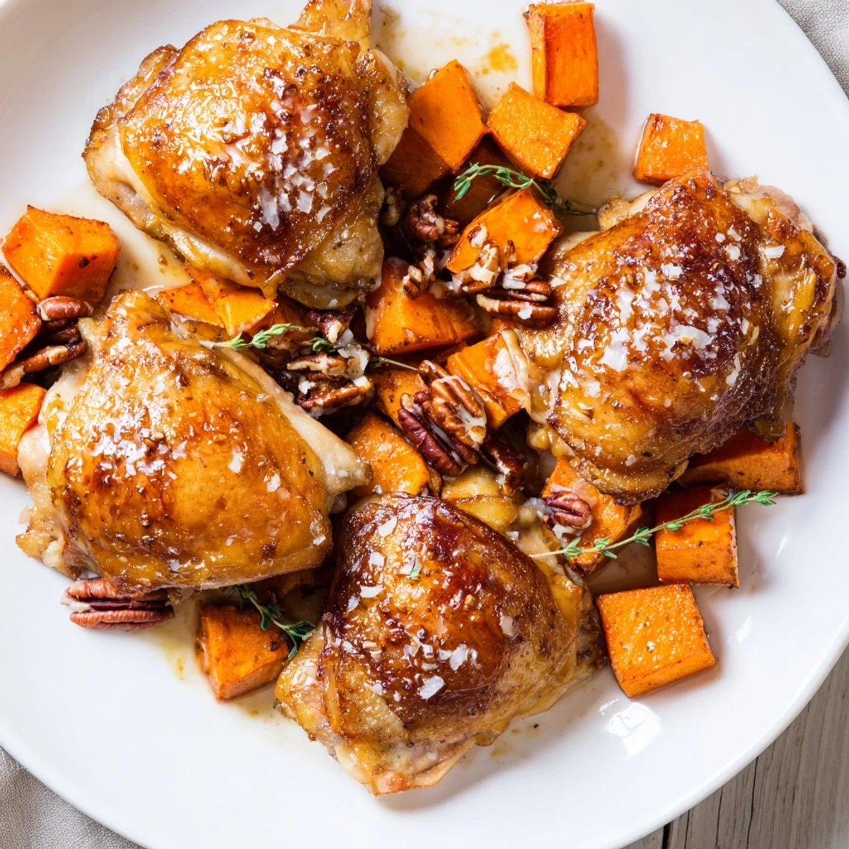 Tender maple glazed chicken with sweet potatoes, a cozy gluten-free dish complete with thyme and toasted pecans.