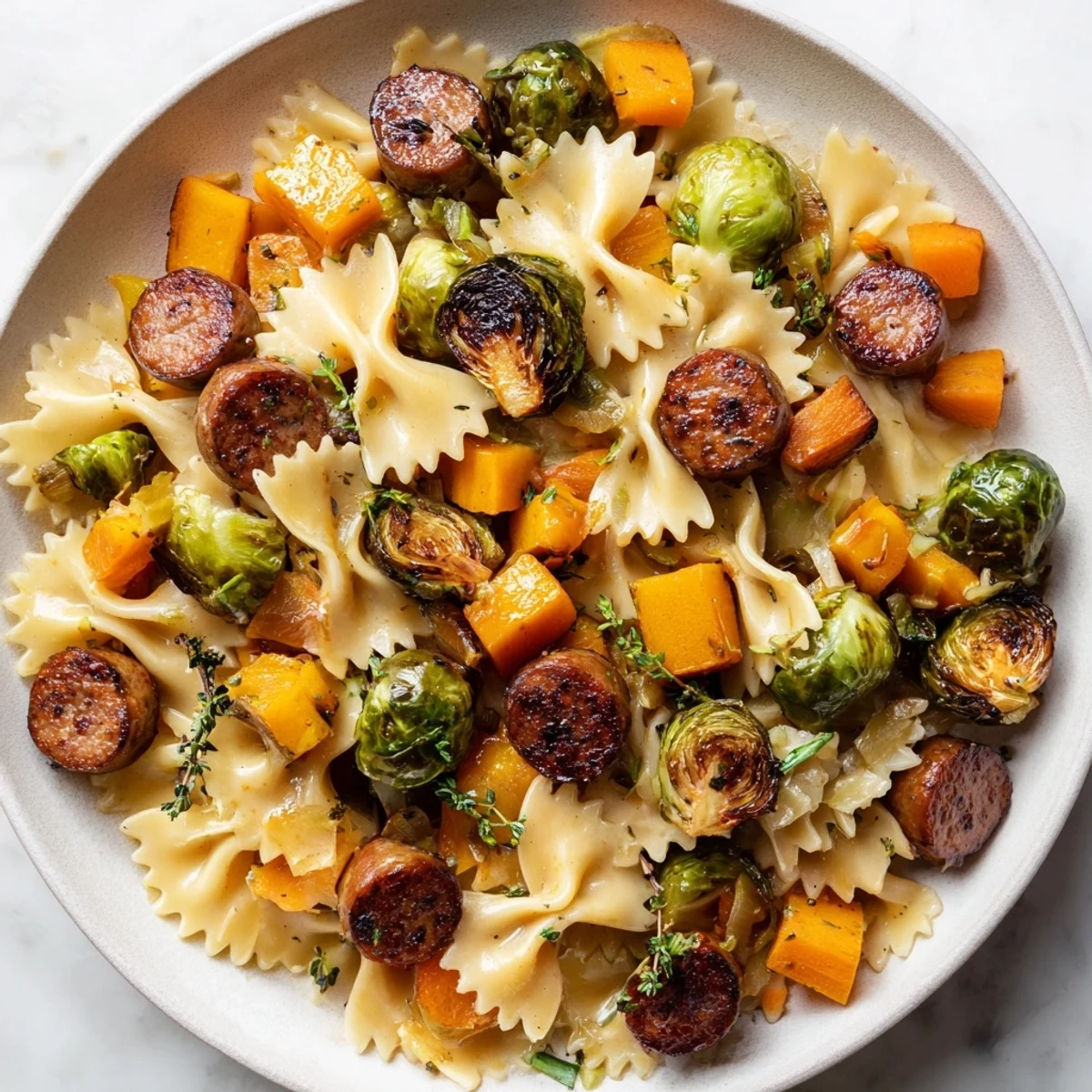 A close-up shot of the flavorful Autumn Sausage Pasta Squash, showing the tender pasta and squash.