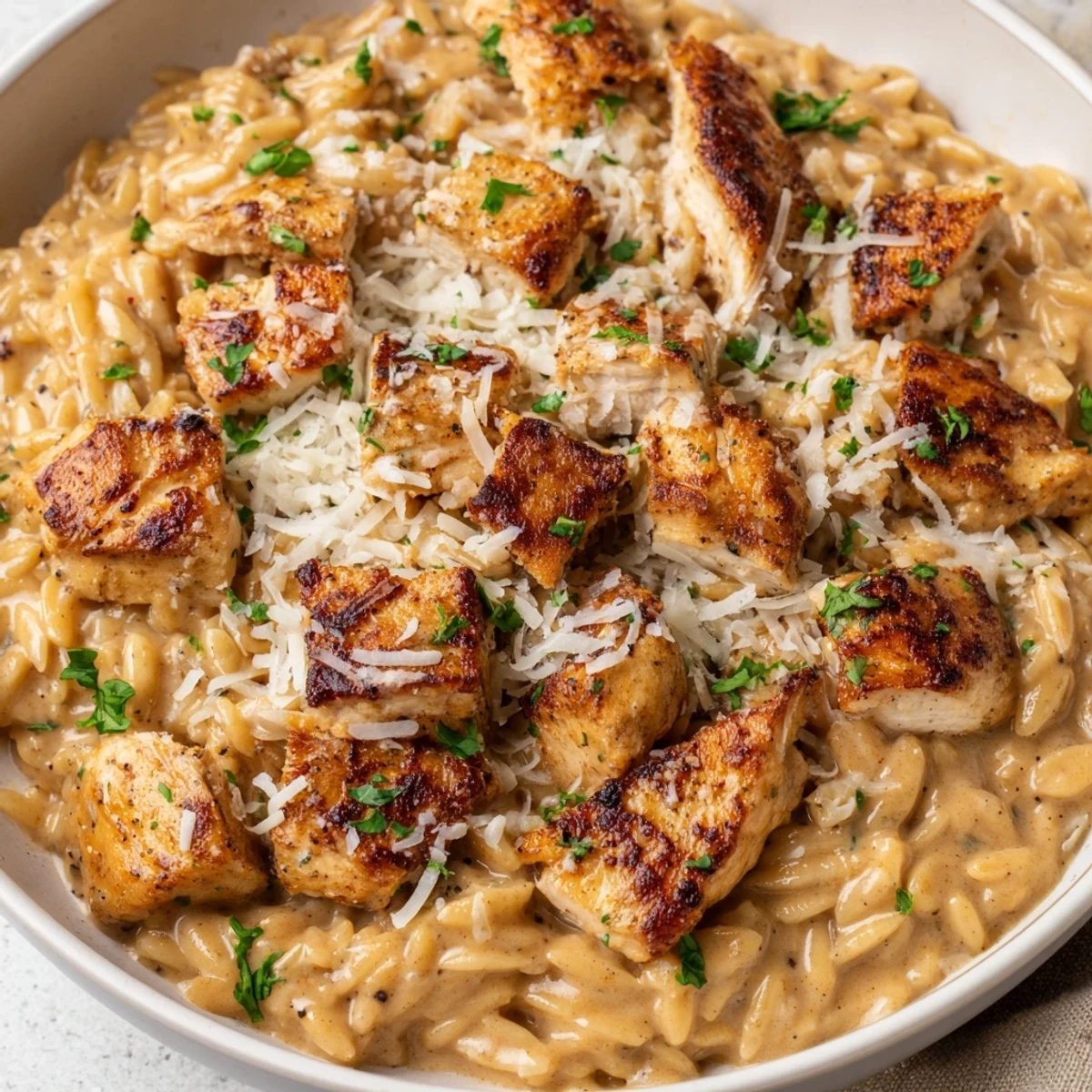 Creamy One-Pot Cajun Chicken Alfredo Orzo glistening in a skillet, ready to serve with fresh parsley.