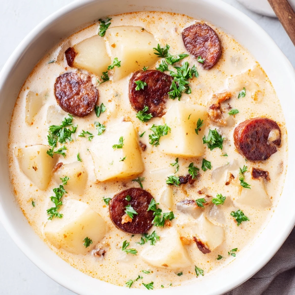 Golden-hued Creamy Chorizo Potato Soup, with visible chunks of chorizo and potatoes ready to savor.