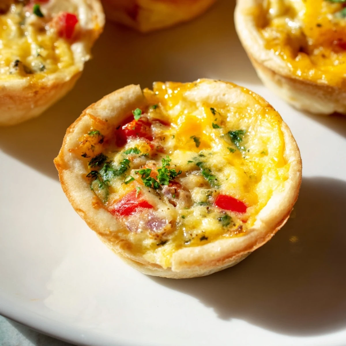 Fresh herbs garnish the delightful, colorful Easy Festive Mini Quiche Cups, perfect party appetizers.