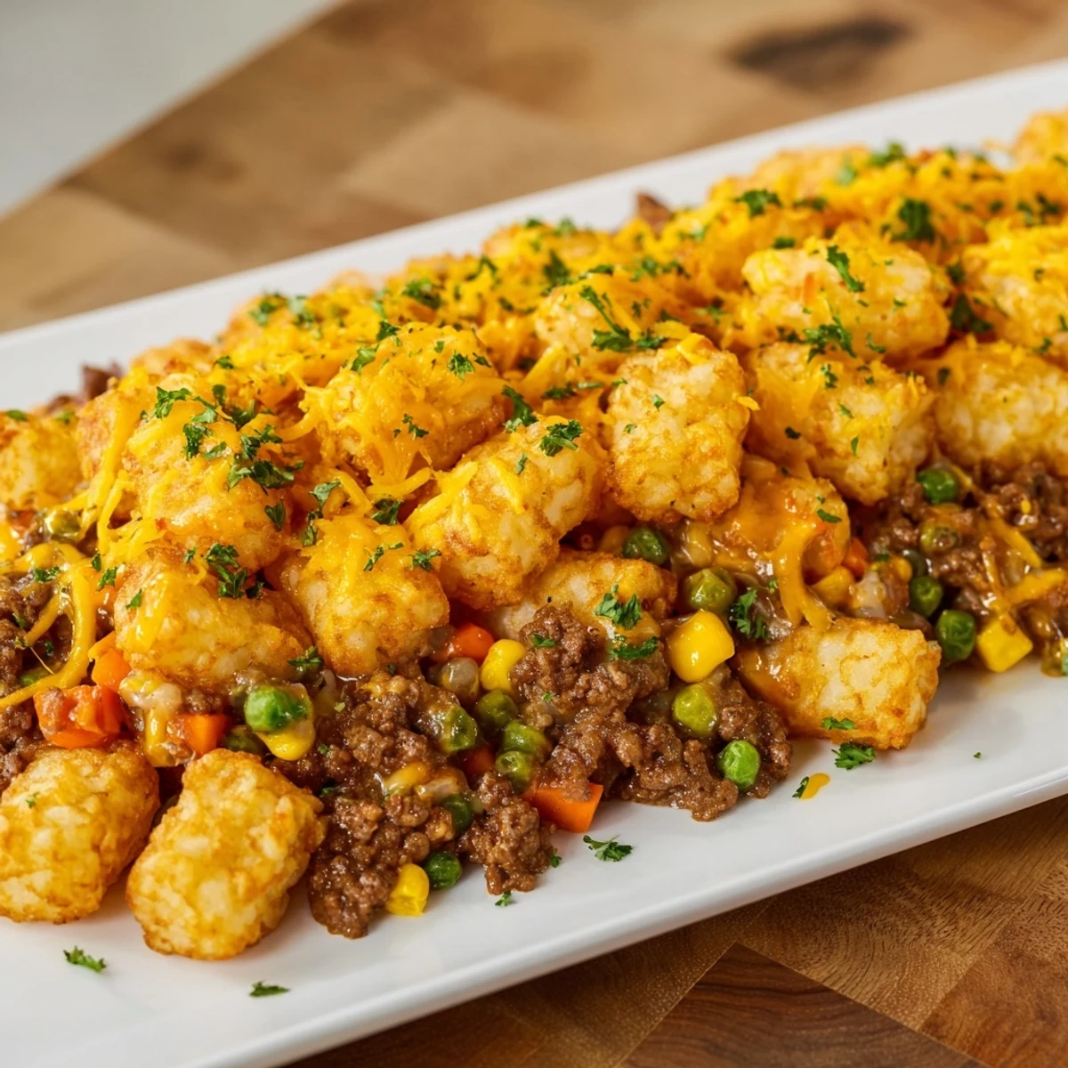 Golden, crispy tater tots crown a savory, bubbling Quick Christmas Tater Tot Casserole in a baking dish.