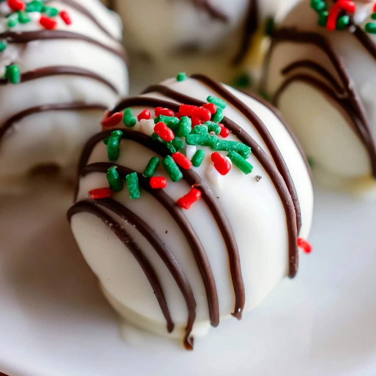 Festive Simplified Christmas Oreo Truffles, coated in white chocolate and sprinkled with holiday cheer.