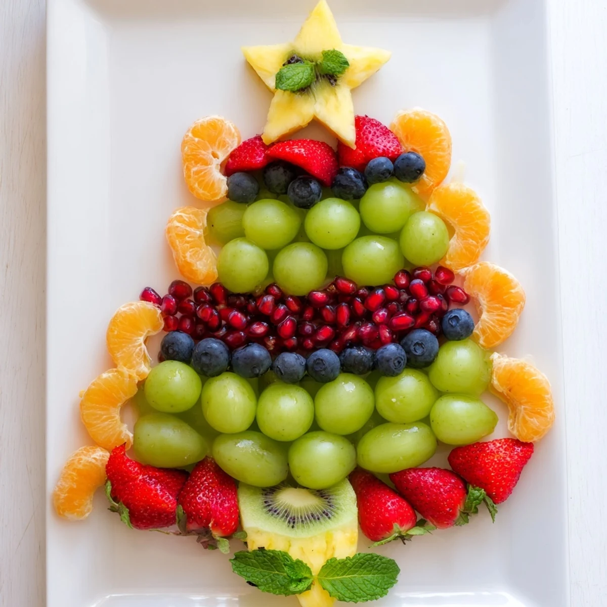 This Quick Christmas Tree Fruit Platter, adorned with juicy strawberries and kiwi slices, looks so refreshing.