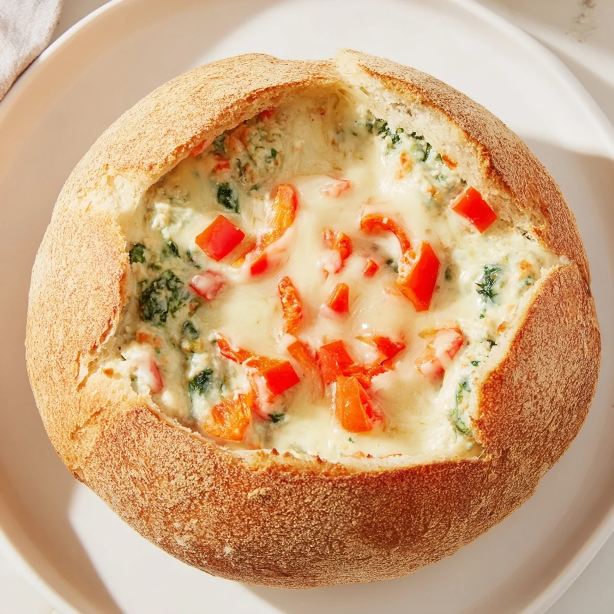 Warm, bubbling Holiday Spinach Dip overflowing from a crusty sourdough bread bowl, ready to serve!