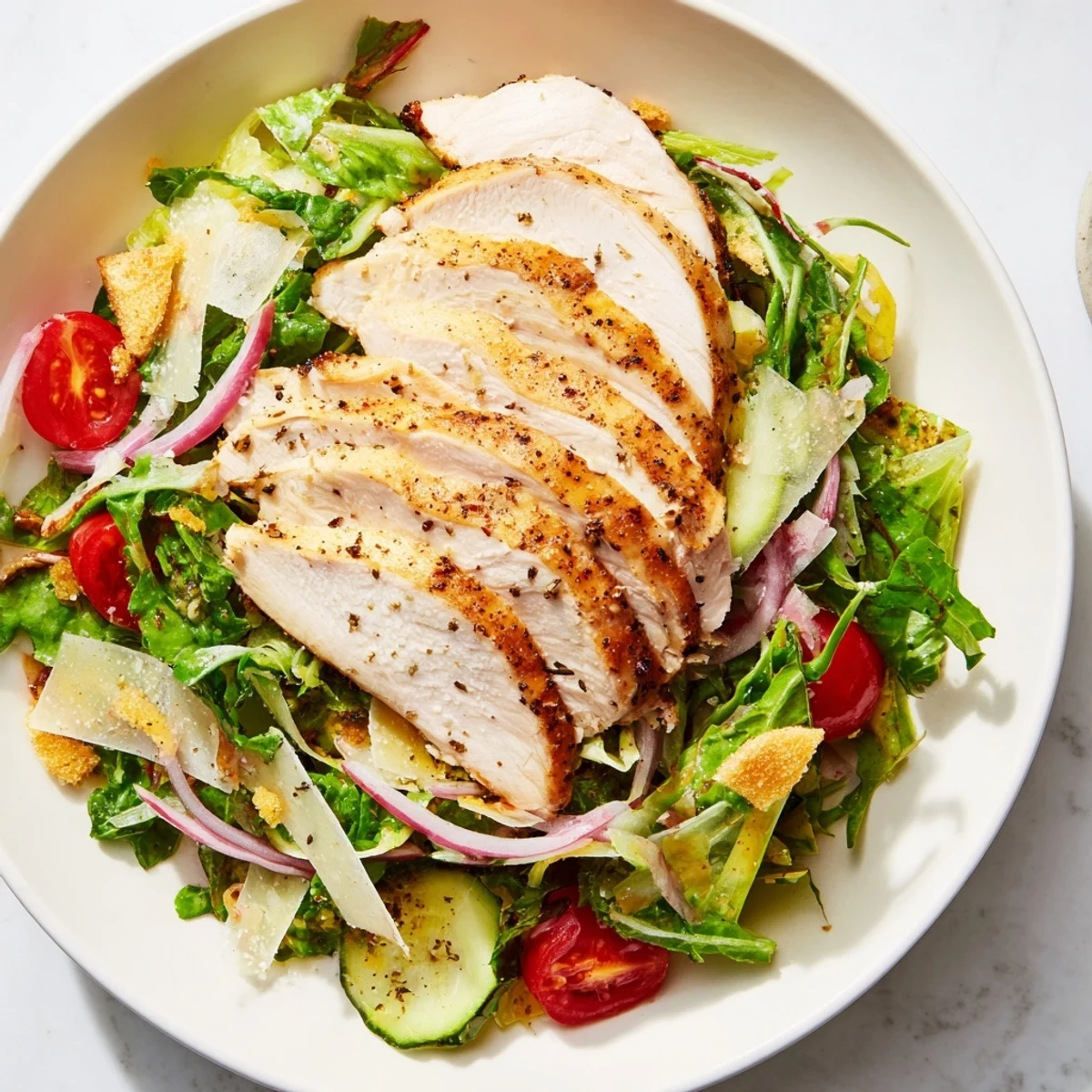 Golden, sliced Quick Crunchy Lemon Parmesan Chicken Salad atop fresh, vibrantly dressed greens, ready to eat!