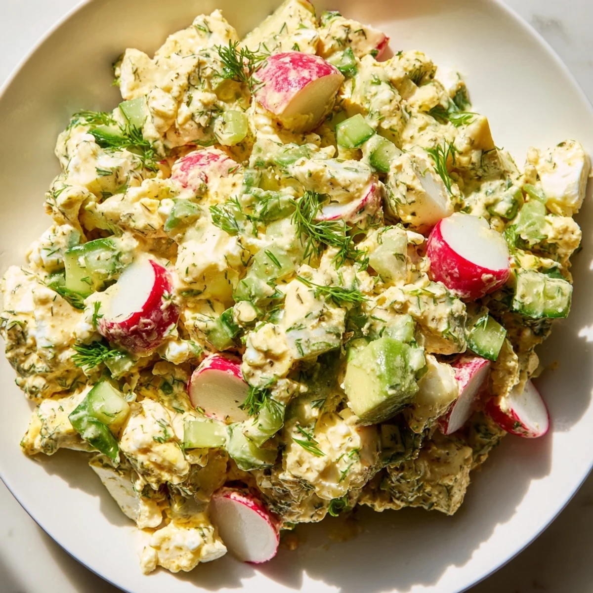 Bright and creamy Green Goddess Chopped Egg Salad with visible veggies, ready for a delicious lunch.
