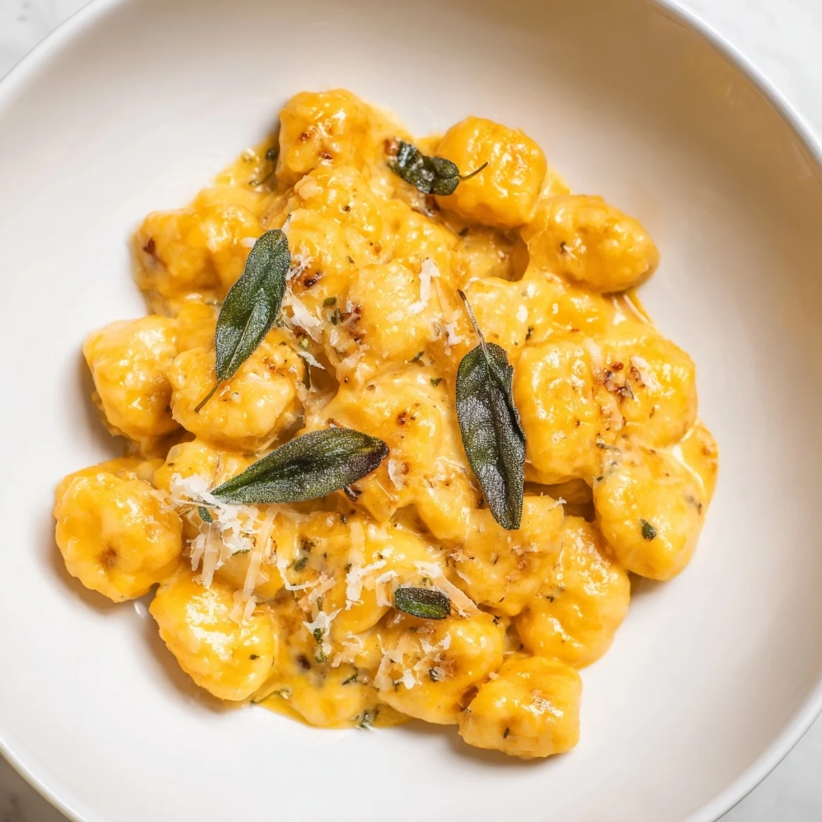 A close-up of the delicious One-Pot Creamy Pumpkin Sage Gnocchi, showcasing the creamy sauce and gnocchi.