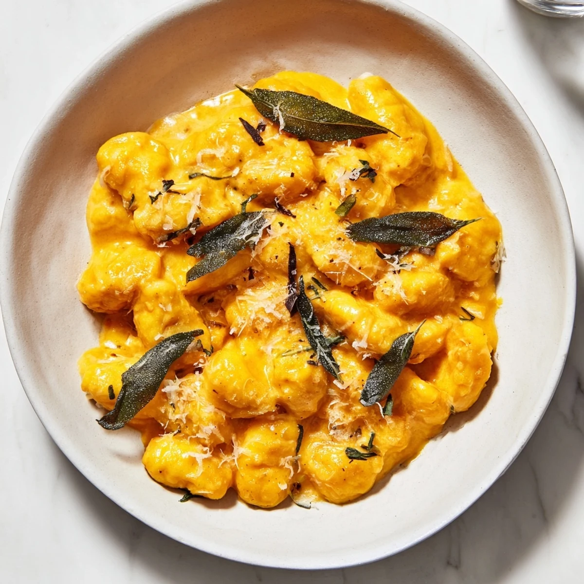 Creamy pumpkin sage gnocchi pasta, warm and inviting, topped with crispy sage and Parmesan.