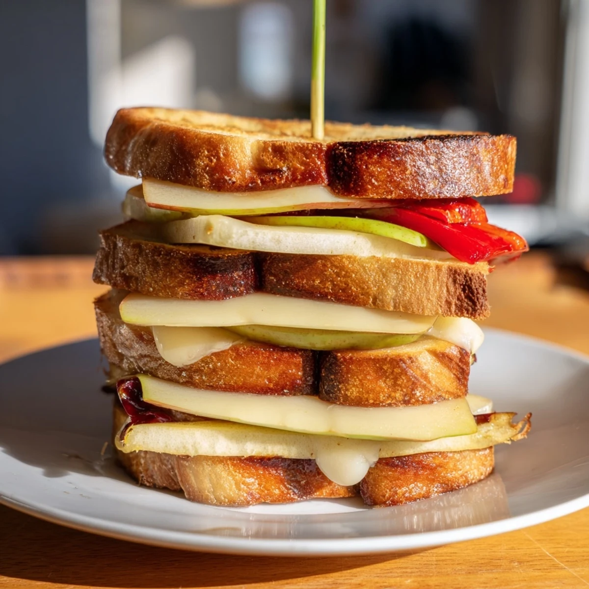 A visually striking Christmas Candle Grilled Cheese featuring crisp apples and creamy Brie, perfect for holiday meals.