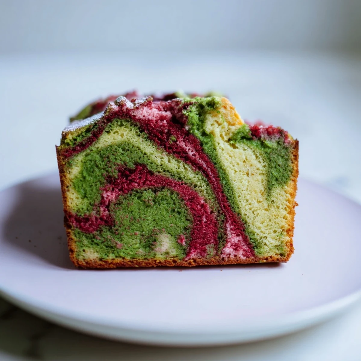 Vibrant matcha green and raspberry red swirls adorn this delicious homemade pound cake before serving.