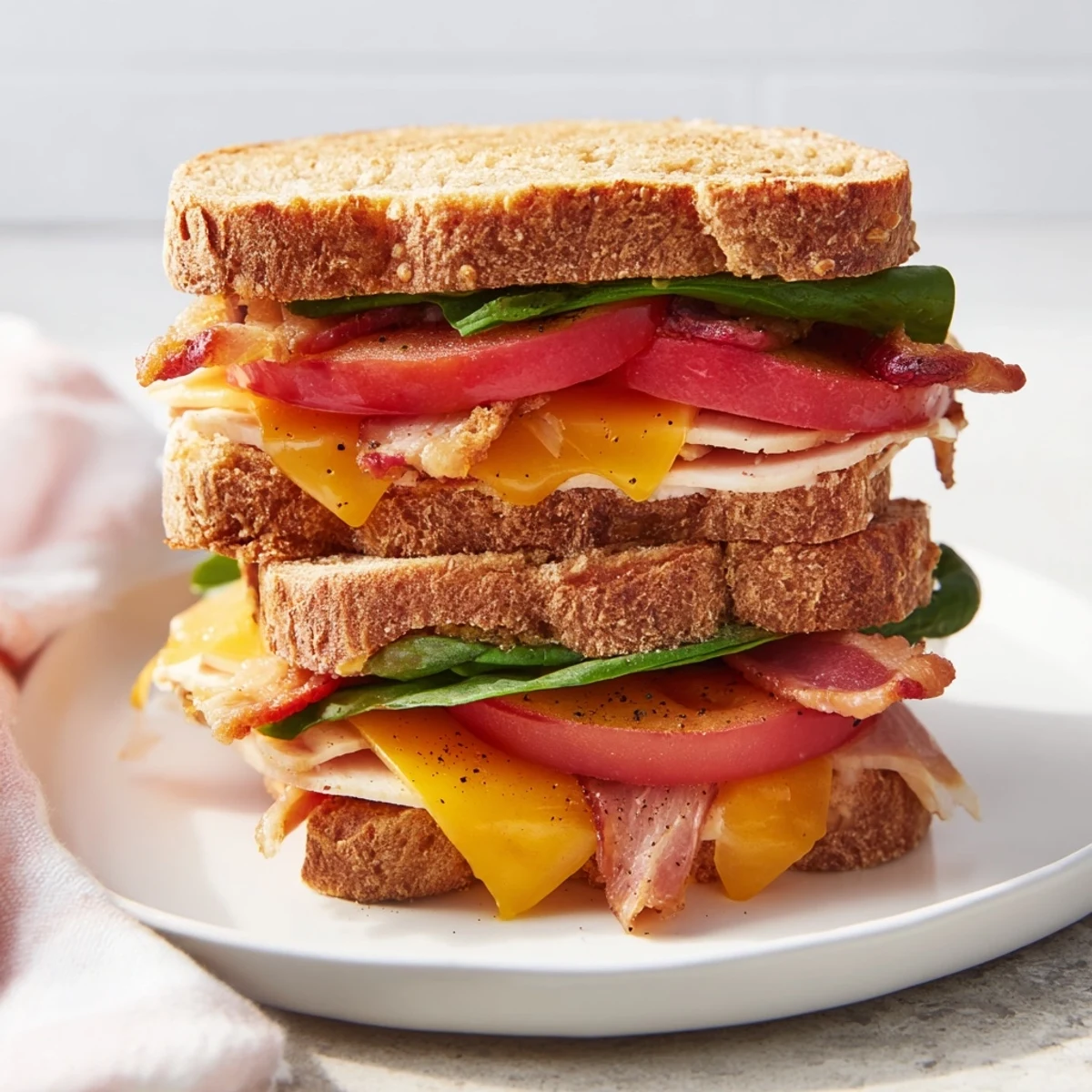Golden-brown Turkey Bacon, Spinach & Tomato Grilled Cheese ready to melt in your mouth, a hearty lunch.