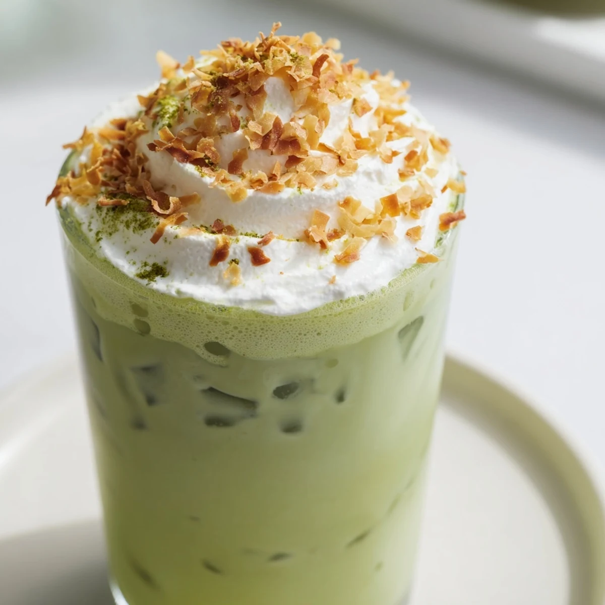 A refreshing and spiced Toasted Coconut Gingerbread Iced Matcha with toasted coconut flakes piled on top.