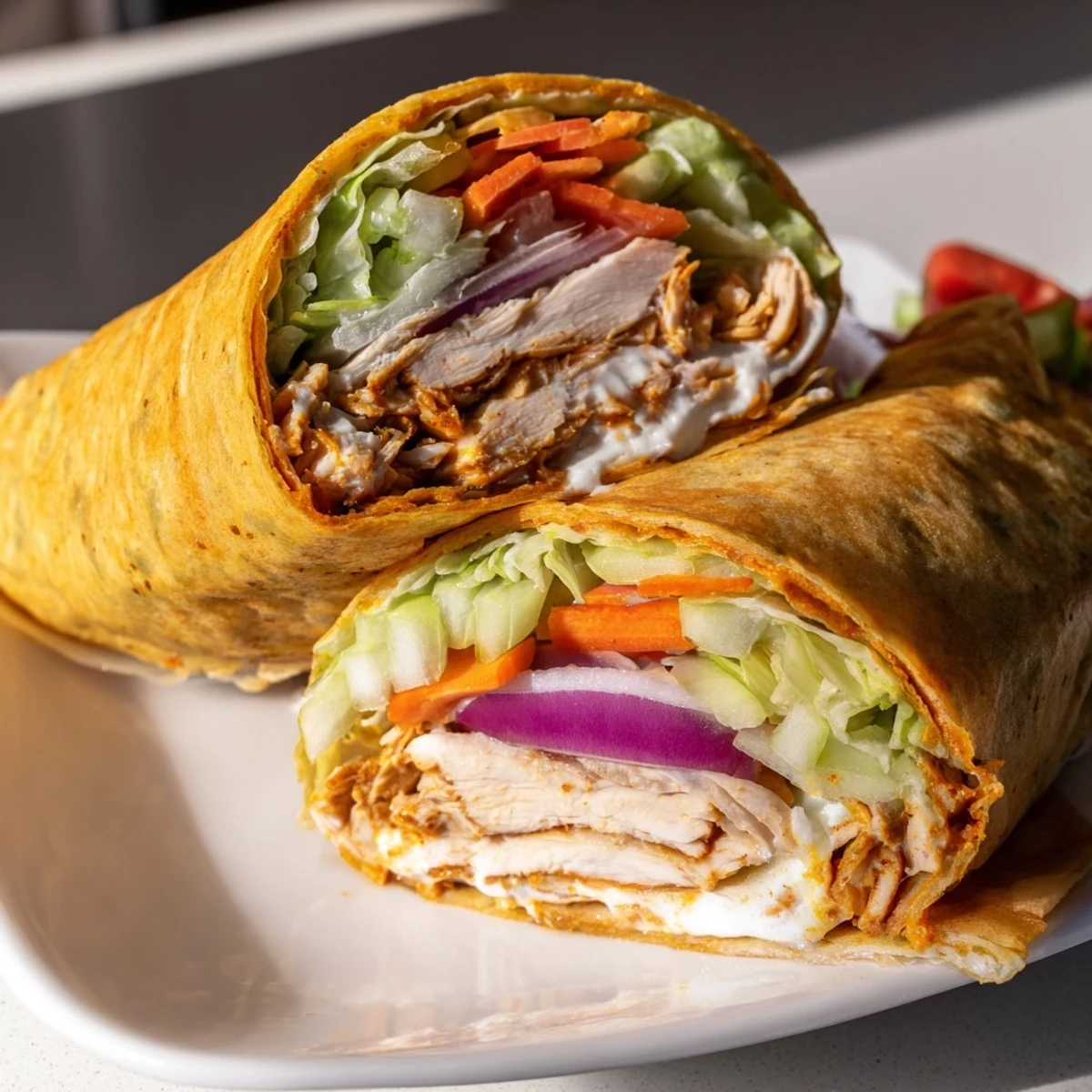 Imagine the satisfying crunch: Air Fryer Buffalo Turkey Christmas Wraps featuring tender turkey and fresh veggies.