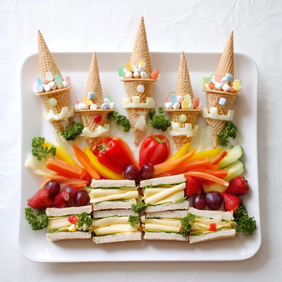 A Fairy Tale Castle Platter, showcasing colorful veggies, fruits, and delightful mini sandwiches.