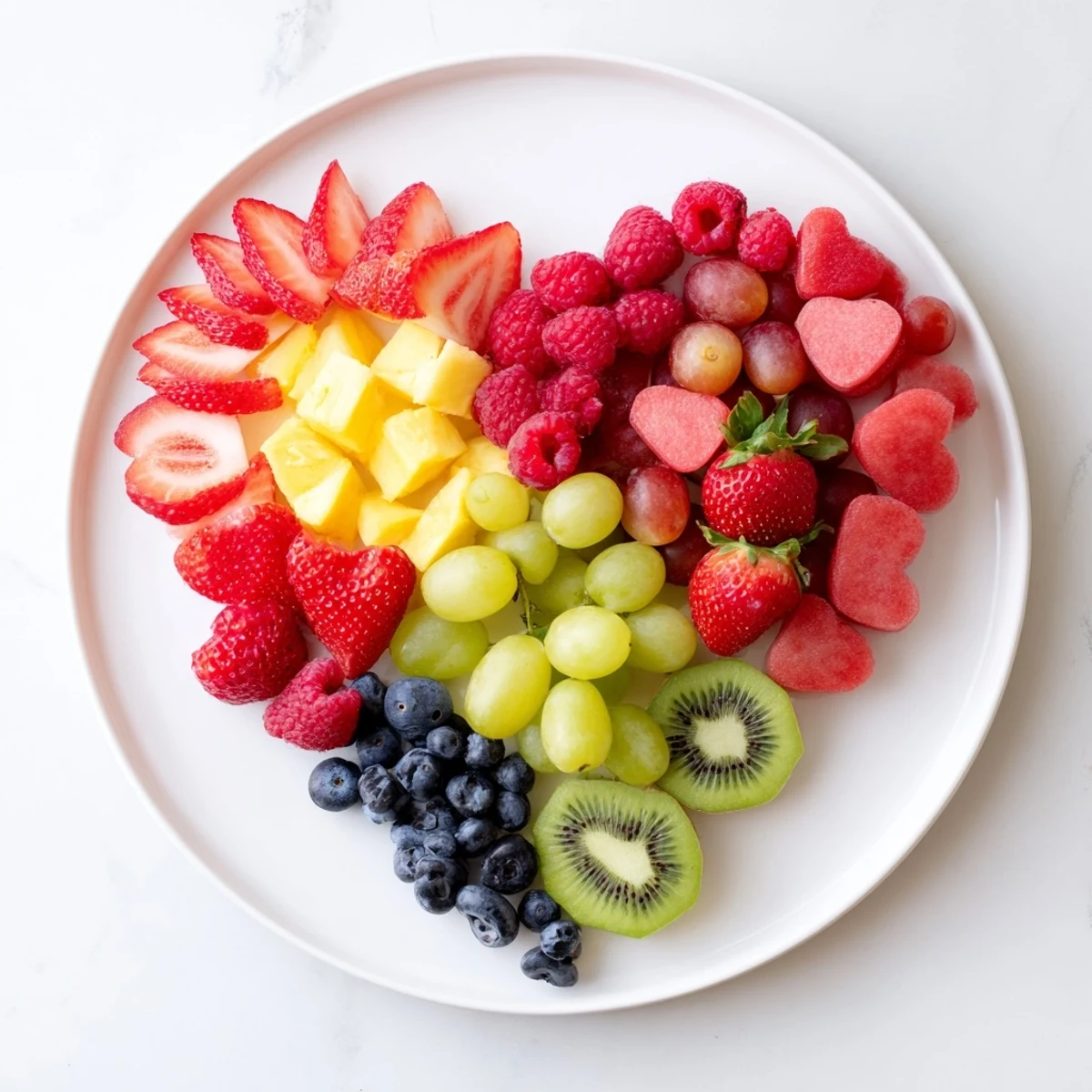 This colorful Sweetheart Fruit Board shows ripe watermelon hearts surrounding sweet strawberries and grapes for dessert.