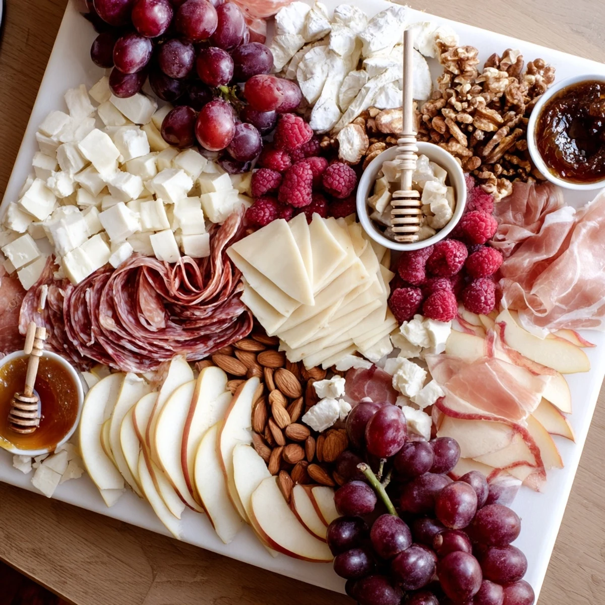 A Lace & Pearls Elegant Board with creamy cheeses, colorful fruits, and assorted charcuterie.