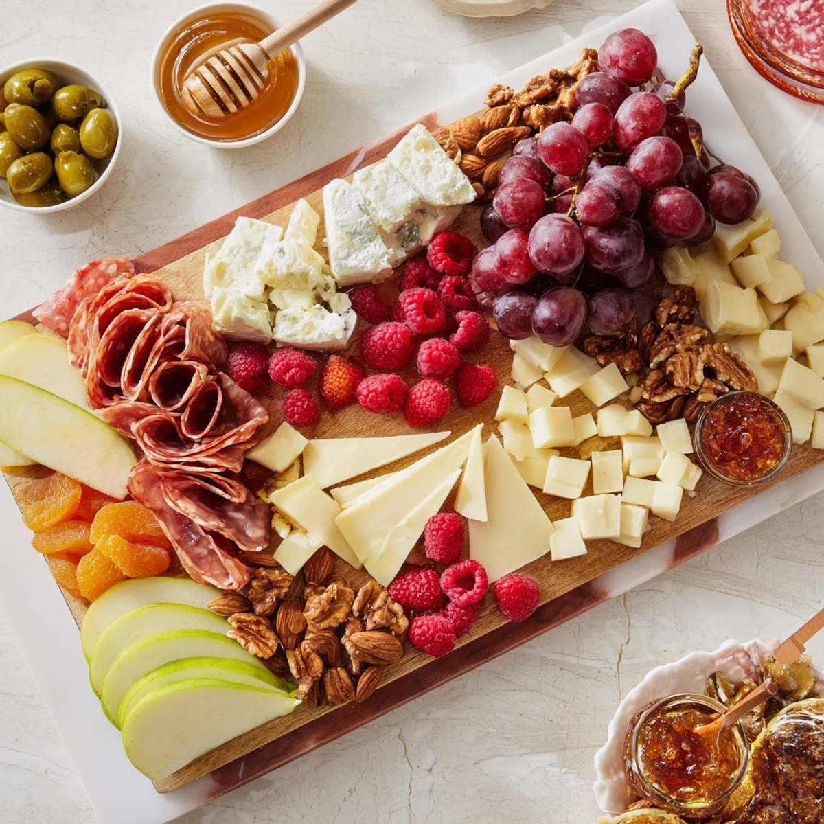 Imagine a Lace & Pearls Elegant Board: Brie, prosciutto, grapes, and crackers artistically arranged for a party.